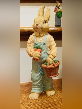 Vintage Easter Bunny Figurine 10” Rabbit w Basket Resin Decor